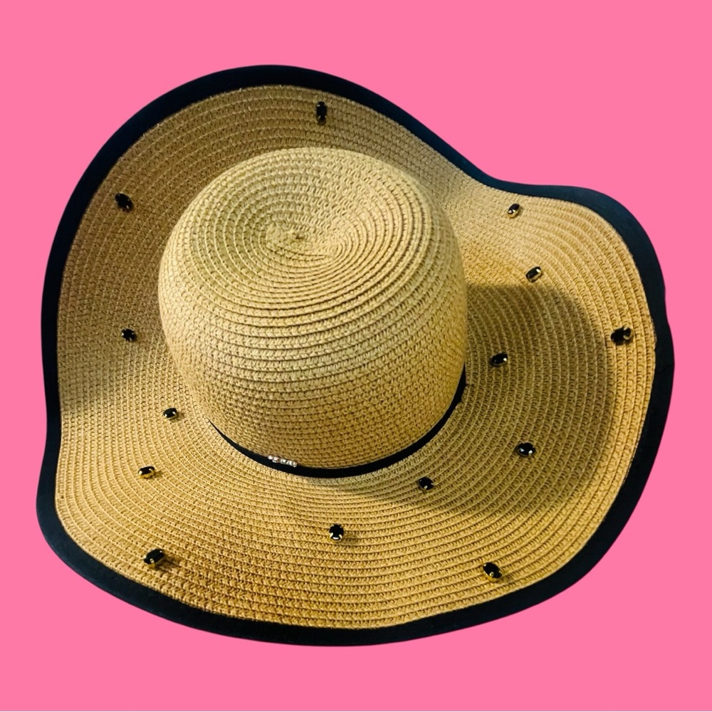 JUICY COUTURE Straw Floppy Wide-Brim Hat with Black Trim and bling